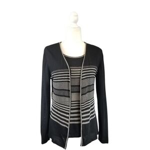 Escada black and silver striped twin set cardigan sleeveless top women's size 8